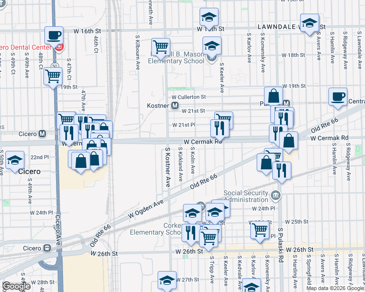 map of restaurants, bars, coffee shops, grocery stores, and more near 4336 West Cermak Road in Chicago