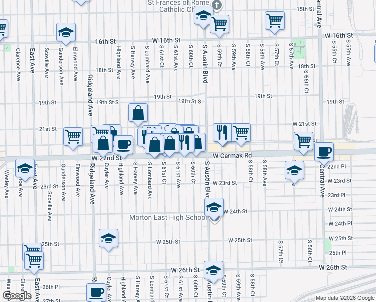 map of restaurants, bars, coffee shops, grocery stores, and more near 2124 Cermak Road in Chicago