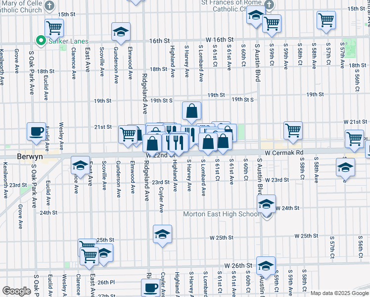 map of restaurants, bars, coffee shops, grocery stores, and more near 2130 South Harvey Avenue in Berwyn