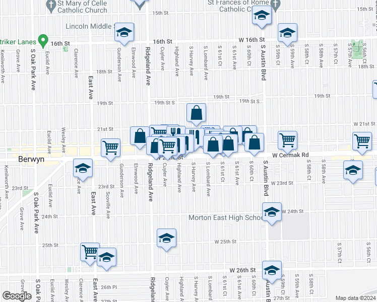 map of restaurants, bars, coffee shops, grocery stores, and more near 2130 South Harvey Avenue in Berwyn