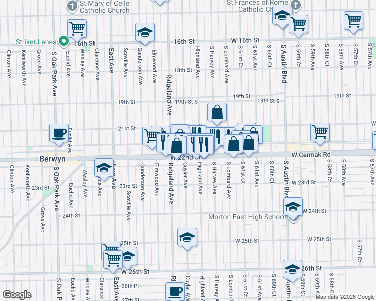 map of restaurants, bars, coffee shops, grocery stores, and more near 2130 Highland Avenue in Berwyn