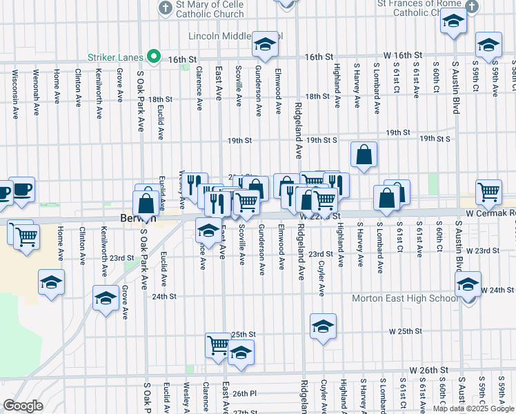 map of restaurants, bars, coffee shops, grocery stores, and more near 2125 Gunderson Avenue in Berwyn