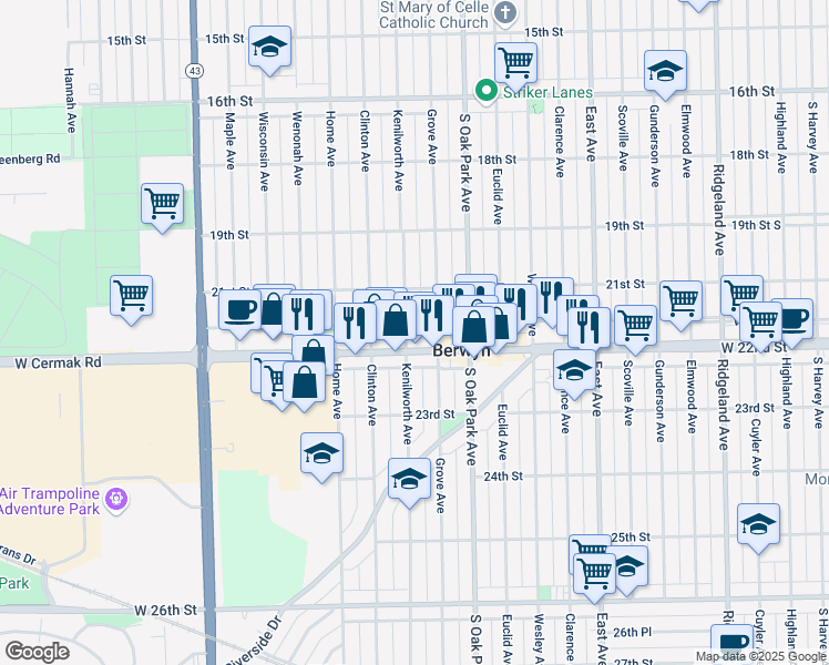 map of restaurants, bars, coffee shops, grocery stores, and more near 2124 Grove Avenue in Berwyn