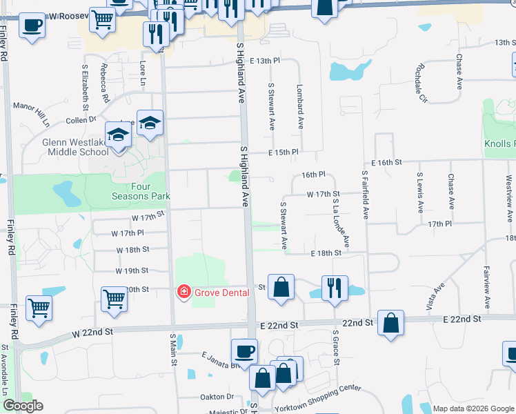 map of restaurants, bars, coffee shops, grocery stores, and more near 165 South Highland Avenue in Lombard