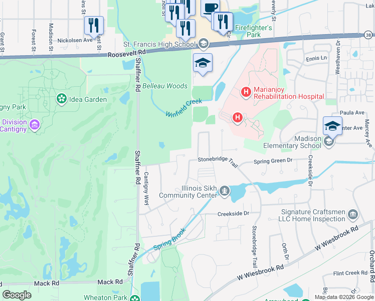 map of restaurants, bars, coffee shops, grocery stores, and more near 1300 Saint Francis Court in Wheaton