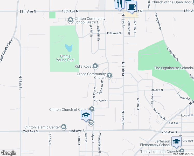map of restaurants, bars, coffee shops, grocery stores, and more near 609-739 North 13th Street in Clinton
