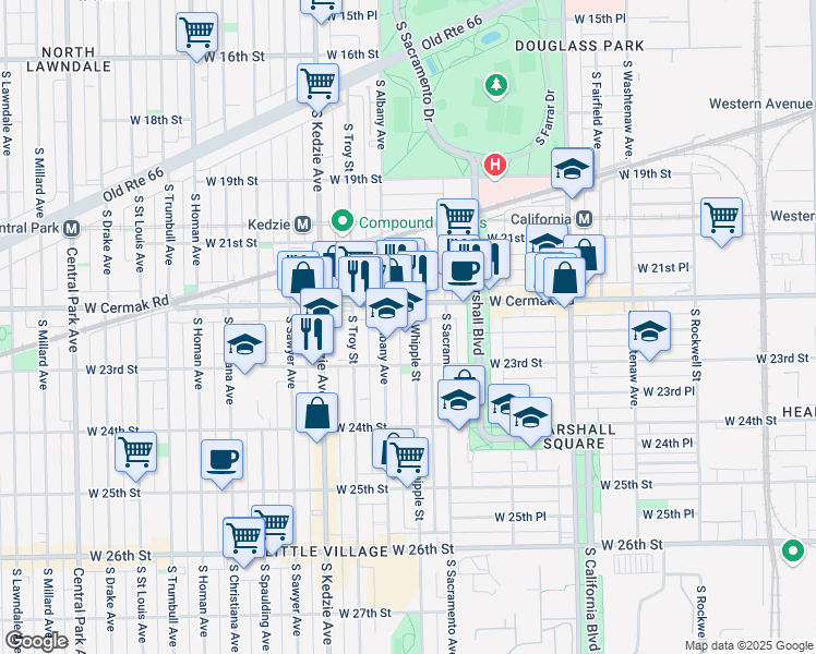 map of restaurants, bars, coffee shops, grocery stores, and more near 2228 South Whipple Street in Chicago