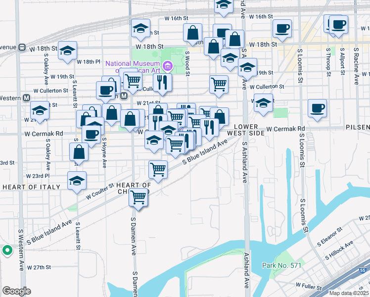 map of restaurants, bars, coffee shops, grocery stores, and more near 2236 South Wood Street in Chicago