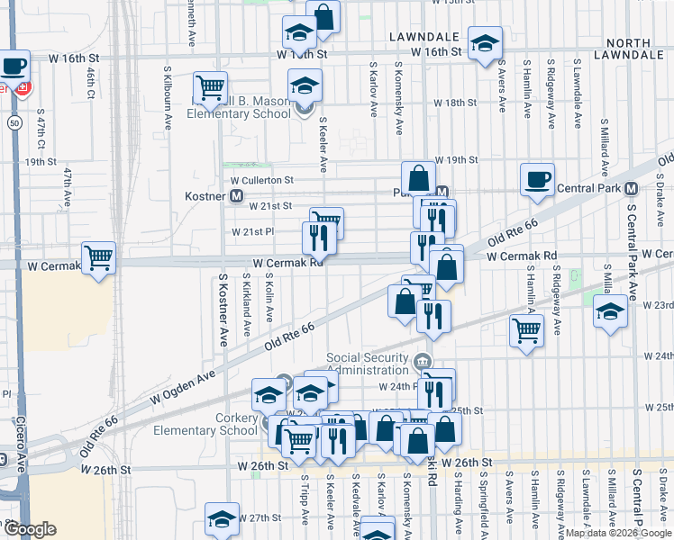 map of restaurants, bars, coffee shops, grocery stores, and more near 4141 West Cermak Road in Chicago