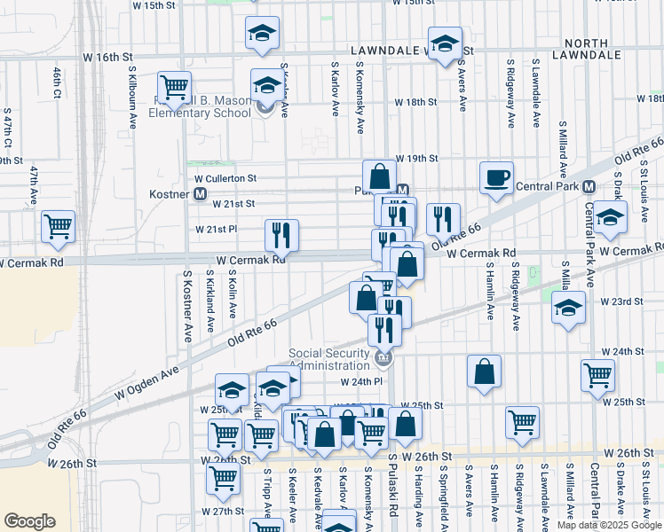 map of restaurants, bars, coffee shops, grocery stores, and more near 4103 West Cermak Road in Chicago