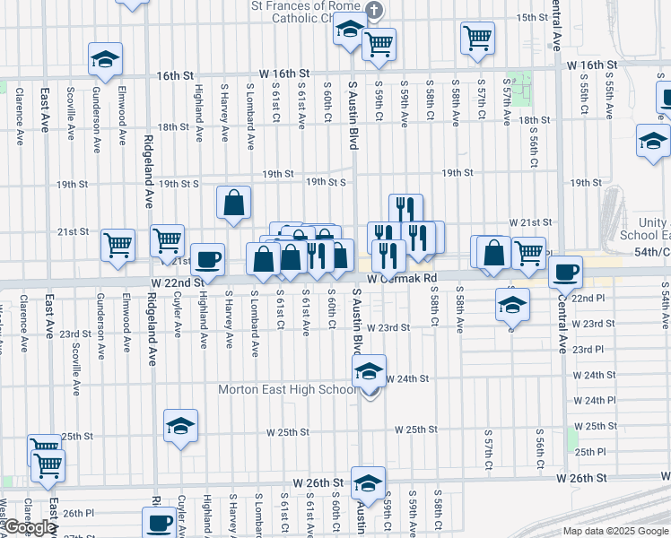 map of restaurants, bars, coffee shops, grocery stores, and more near 6018 Cermak Road in Cicero