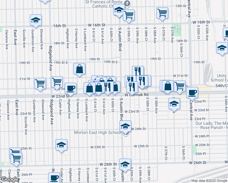 map of restaurants, bars, coffee shops, grocery stores, and more near 6018 Cermak Road in Cicero