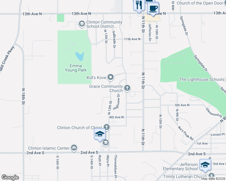 map of restaurants, bars, coffee shops, grocery stores, and more near 609-739 North 13th Street in Clinton