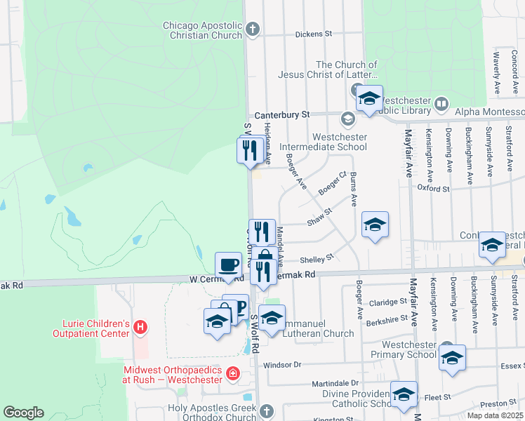 map of restaurants, bars, coffee shops, grocery stores, and more near 1903 South Wolf Road in Hillside