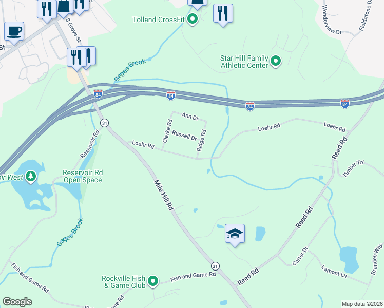 map of restaurants, bars, coffee shops, grocery stores, and more near 172 Loehr Road in Tolland