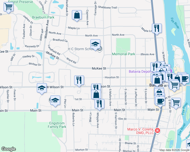 map of restaurants, bars, coffee shops, grocery stores, and more near 1000 McKee Street in Batavia