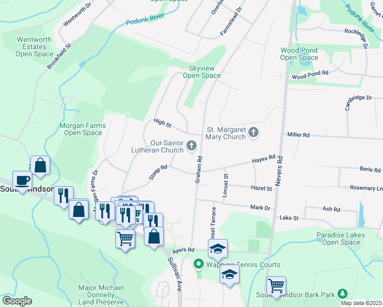 map of restaurants, bars, coffee shops, grocery stores, and more near 239 Graham Road in South Windsor
