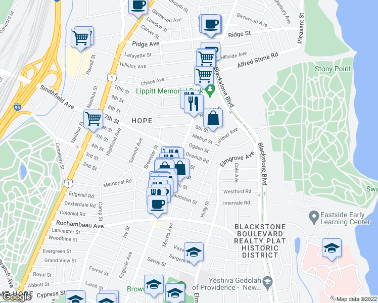 map of restaurants, bars, coffee shops, grocery stores, and more near 890 Hope Street in Providence