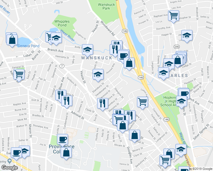 map of restaurants, bars, coffee shops, grocery stores, and more near 75 Stansbury Street in Providence