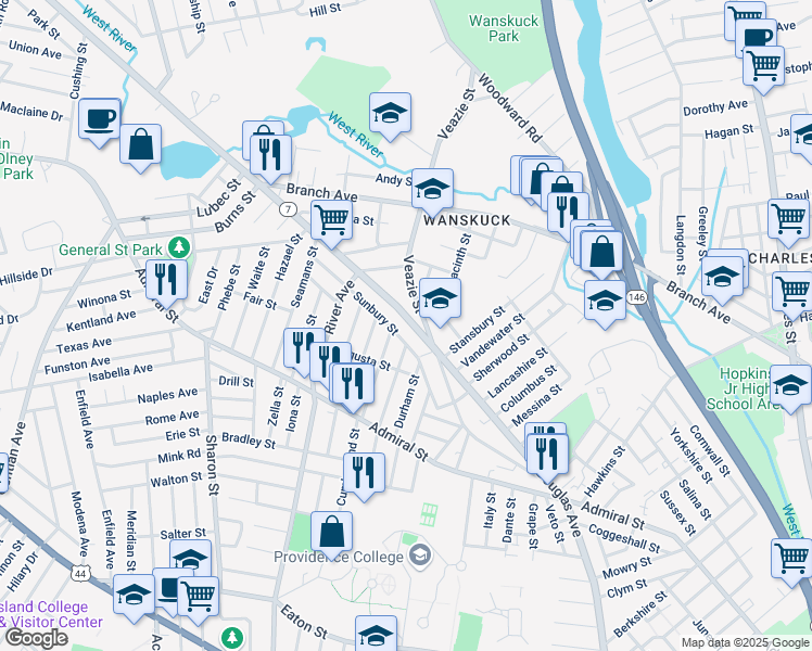 map of restaurants, bars, coffee shops, grocery stores, and more near 139 Sunbury Street in Providence