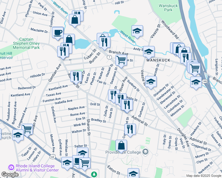 map of restaurants, bars, coffee shops, grocery stores, and more near 27 Crandall Street in Providence