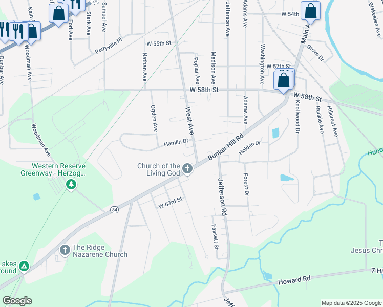 map of restaurants, bars, coffee shops, grocery stores, and more near 6017 West Avenue in Ashtabula
