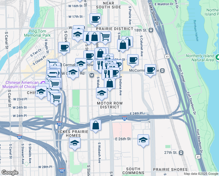 map of restaurants, bars, coffee shops, grocery stores, and more near 2246 South Michigan Avenue in Chicago