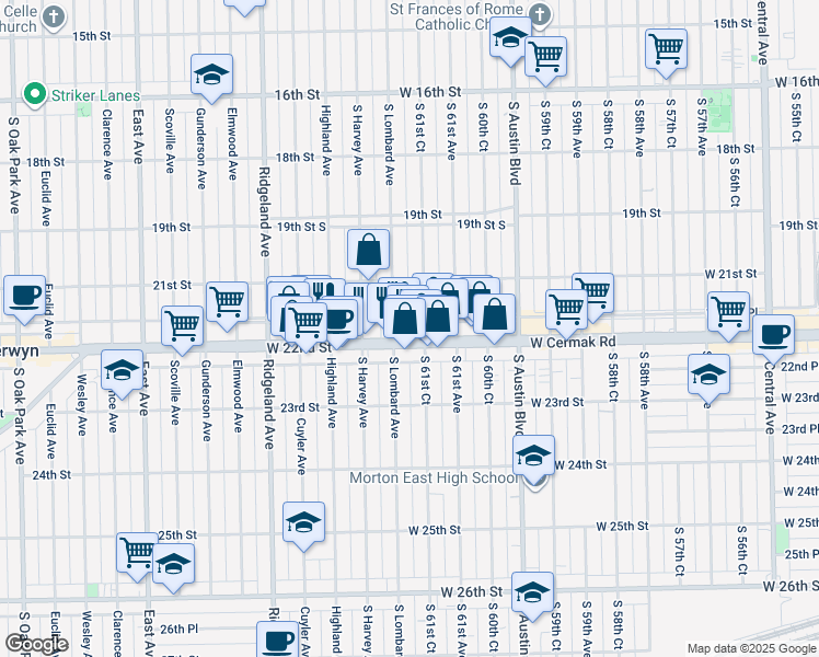 map of restaurants, bars, coffee shops, grocery stores, and more near 2131 South Lombard Avenue in Cicero