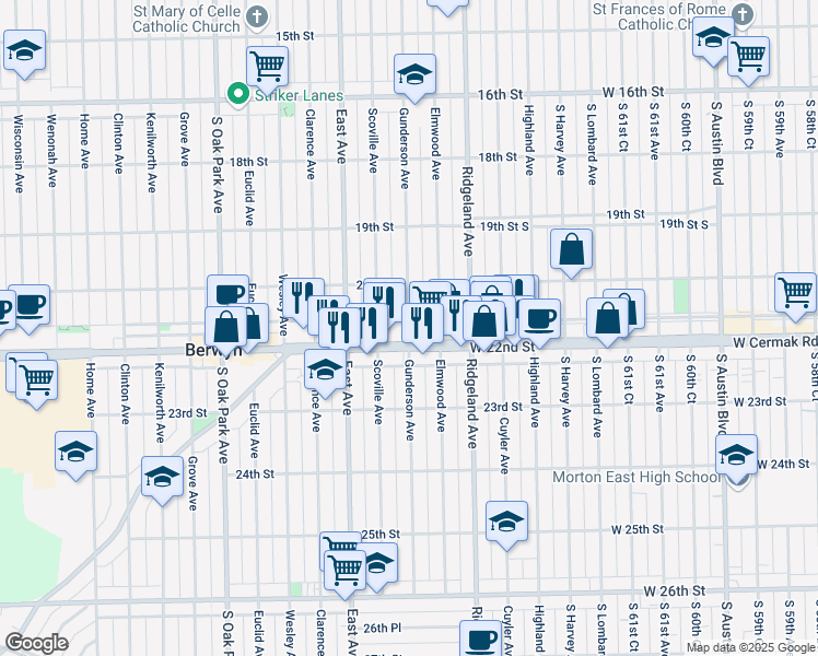 map of restaurants, bars, coffee shops, grocery stores, and more near 2125 Gunderson Avenue in Berwyn