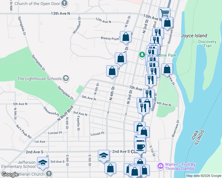 map of restaurants, bars, coffee shops, grocery stores, and more near 601-699 North 4th Street in Clinton