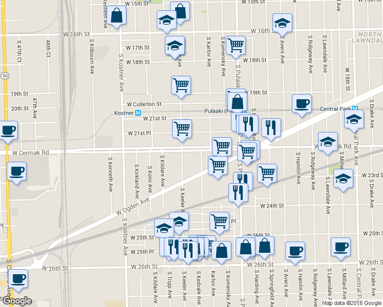 map of restaurants, bars, coffee shops, grocery stores, and more near 4141 West Cermak Road in Chicago