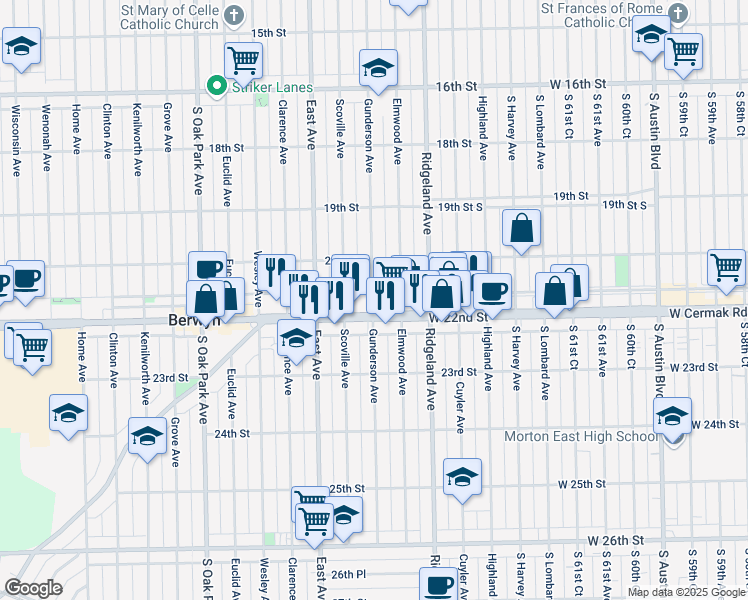 map of restaurants, bars, coffee shops, grocery stores, and more near 2125 Gunderson Avenue in Berwyn