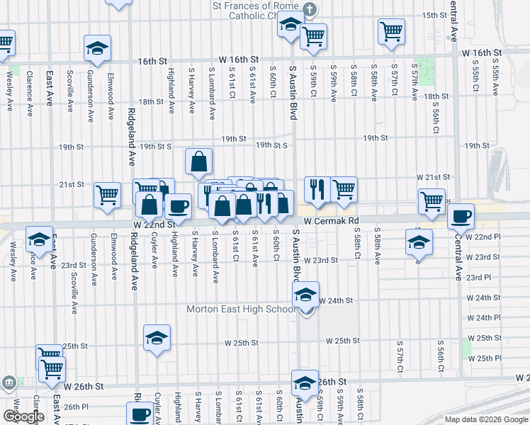 map of restaurants, bars, coffee shops, grocery stores, and more near 2124 Cermak Road in Chicago