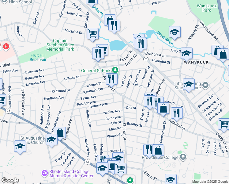 map of restaurants, bars, coffee shops, grocery stores, and more near 854 Admiral Street in Providence