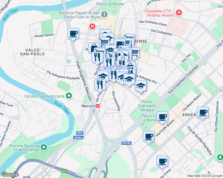 map of restaurants, bars, coffee shops, grocery stores, and more near 10 Via Laurentina in Rome