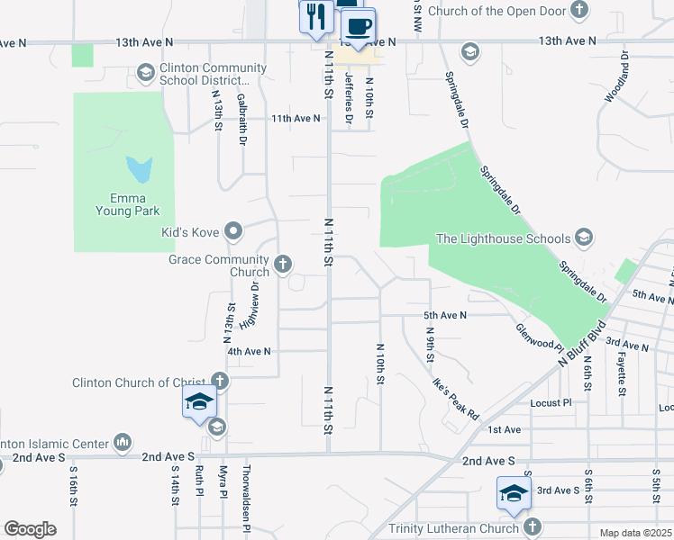 map of restaurants, bars, coffee shops, grocery stores, and more near 700-718 North 11th Street in Clinton