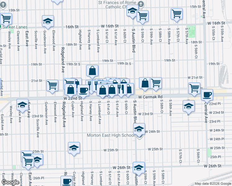map of restaurants, bars, coffee shops, grocery stores, and more near 2135 South 61st Court in Cicero