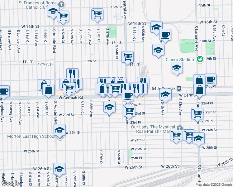 map of restaurants, bars, coffee shops, grocery stores, and more near 2133 South 56th Court in Cicero