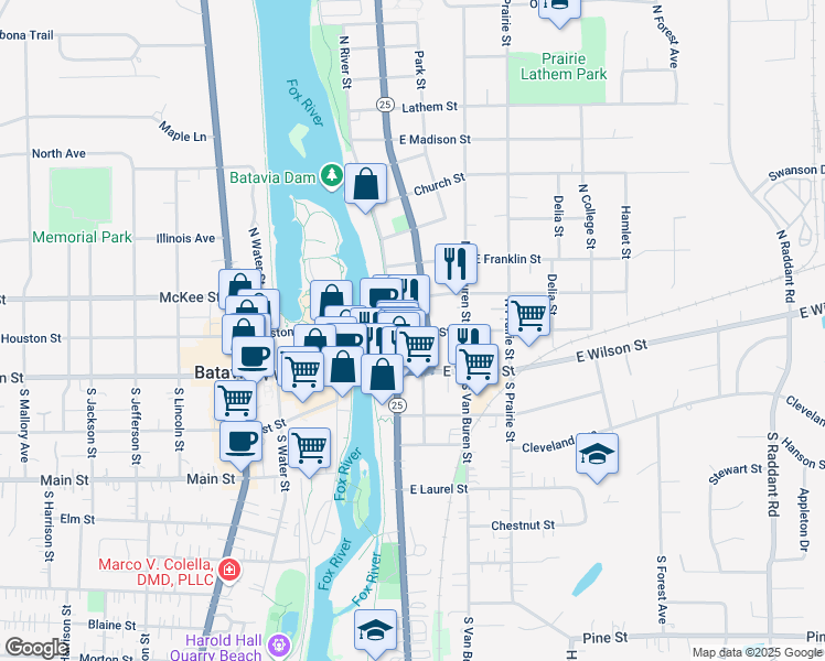 map of restaurants, bars, coffee shops, grocery stores, and more near 109 North Washington Avenue in Batavia