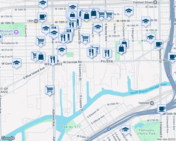 map of restaurants, bars, coffee shops, grocery stores, and more near 2234 South Throop Street in Chicago