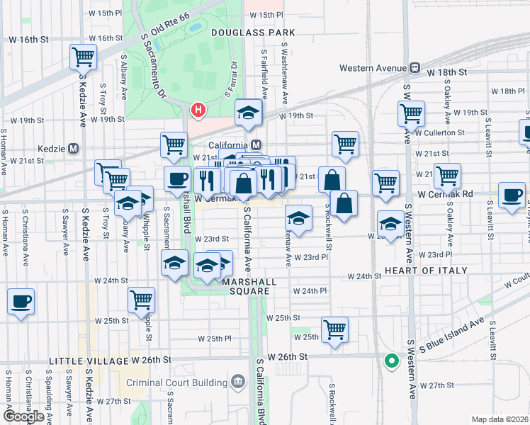 map of restaurants, bars, coffee shops, grocery stores, and more near 2745 West Cermak Road in Chicago