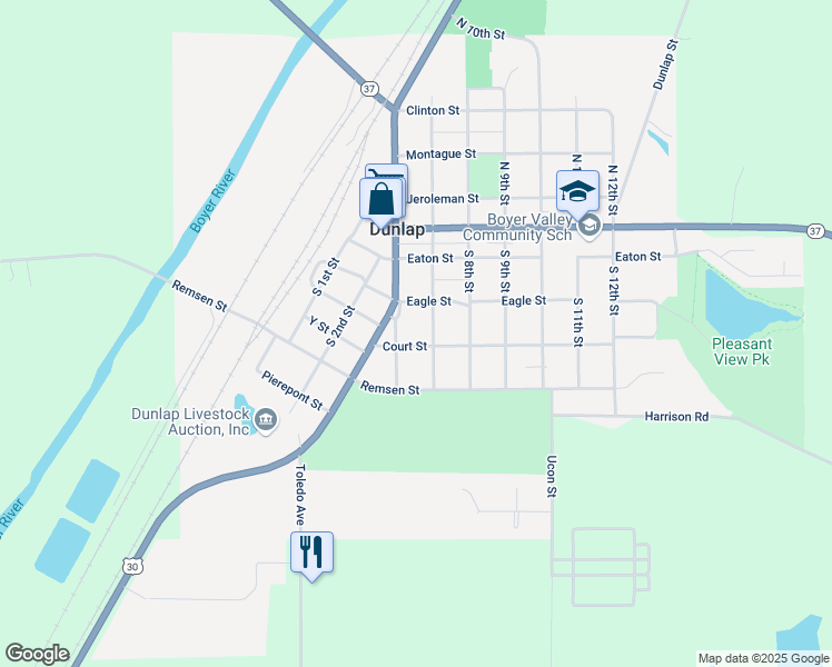 map of restaurants, bars, coffee shops, grocery stores, and more near 307 South 7th Street in Dunlap