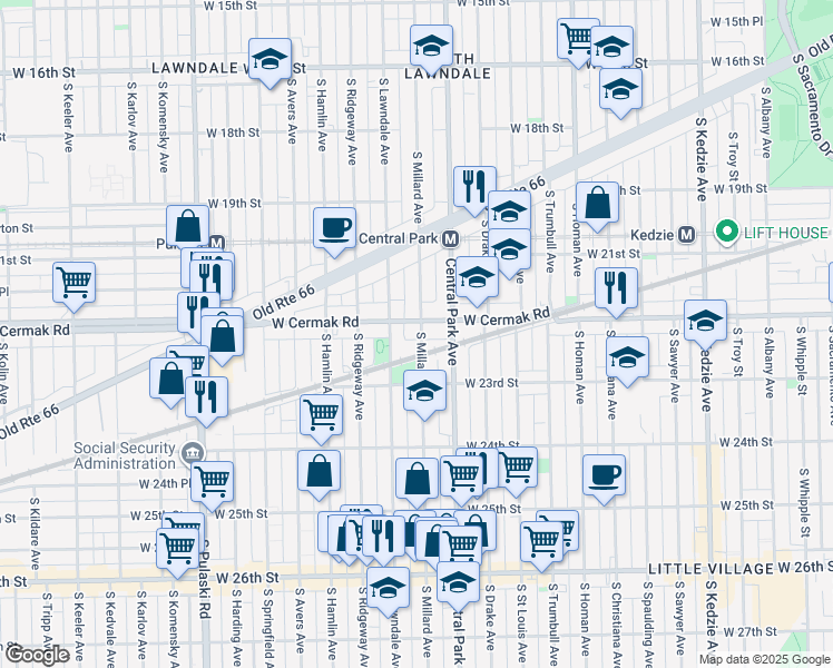 map of restaurants, bars, coffee shops, grocery stores, and more near 2214 South Millard Avenue in Chicago