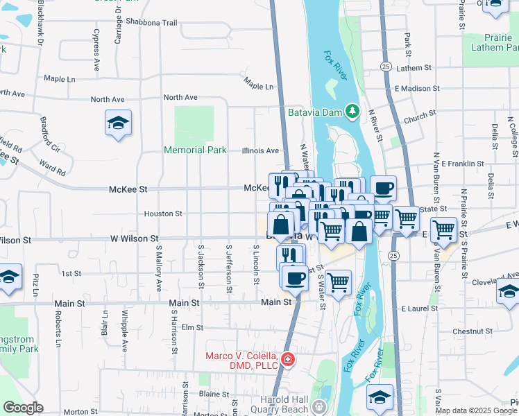 map of restaurants, bars, coffee shops, grocery stores, and more near 349 Houston Street in Batavia