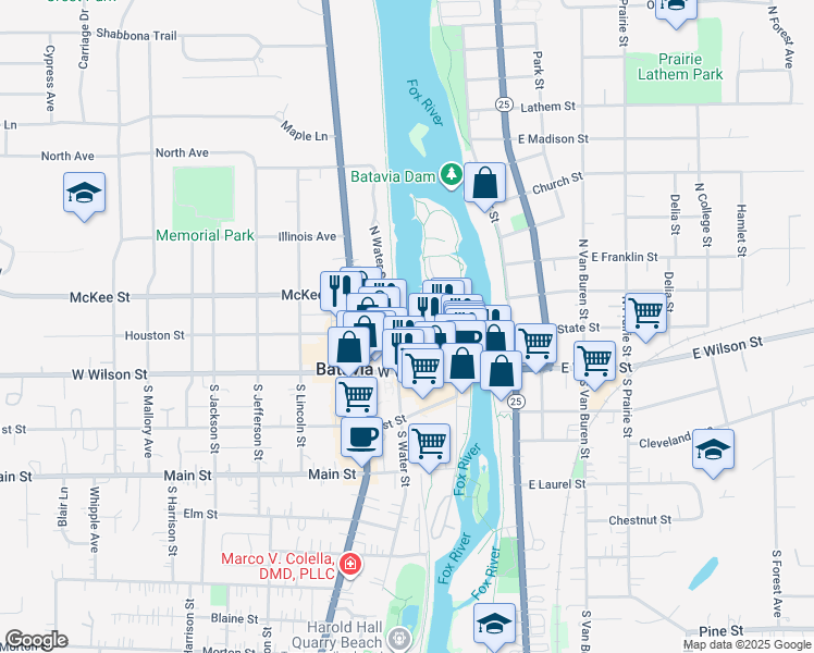 map of restaurants, bars, coffee shops, grocery stores, and more near Fox River Trail (Algonquin to Aurora) in Geneva