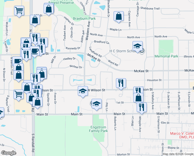 map of restaurants, bars, coffee shops, grocery stores, and more near 80 Willey Lane in Batavia