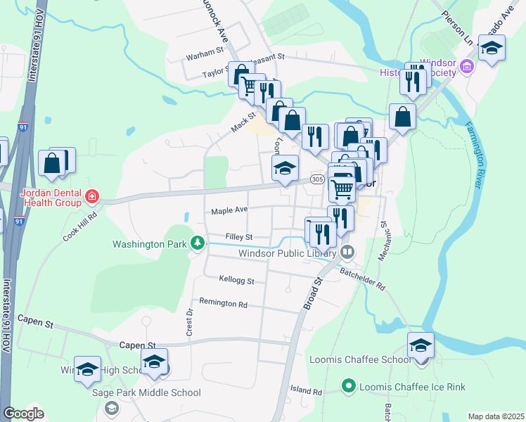 map of restaurants, bars, coffee shops, grocery stores, and more near 111 Maple Avenue in Windsor