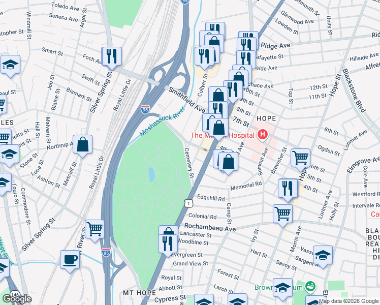 map of restaurants, bars, coffee shops, grocery stores, and more near 1 Concord Street in Providence