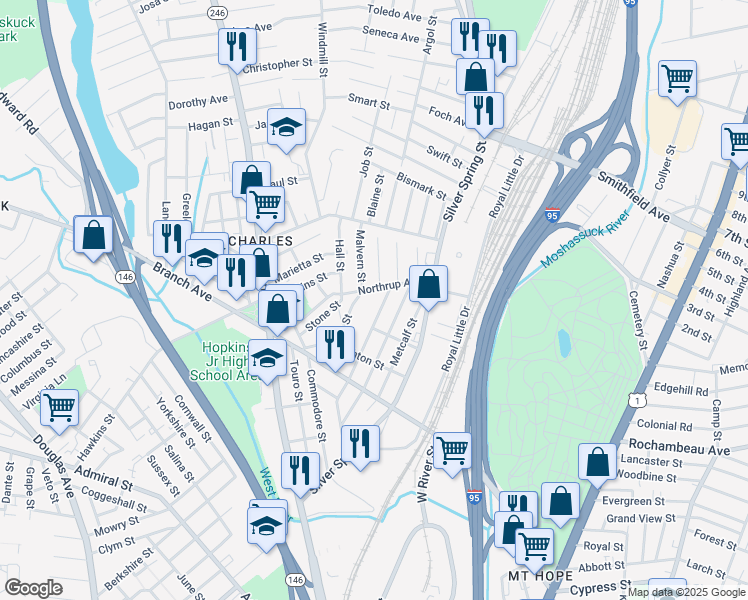 map of restaurants, bars, coffee shops, grocery stores, and more near 1 Vaughan Street in Providence