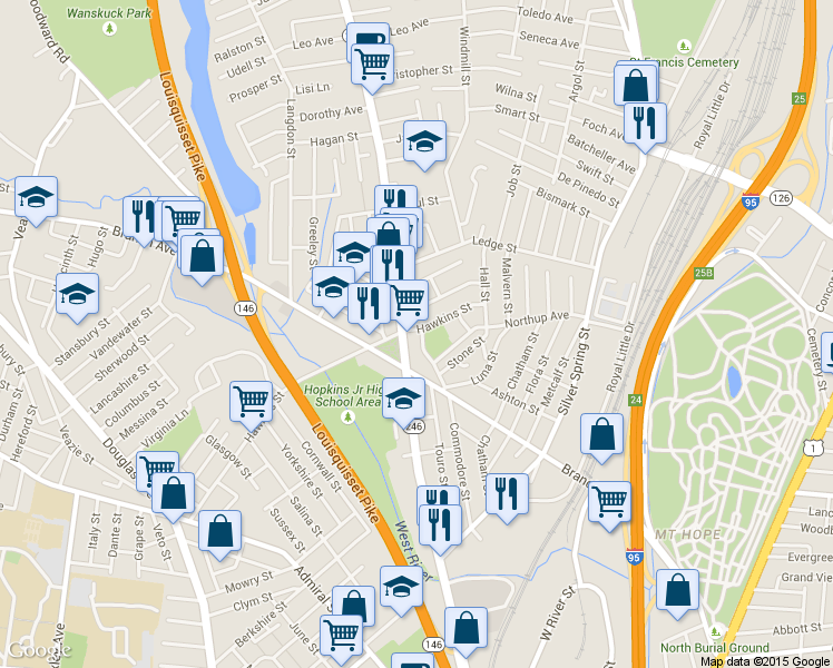 map of restaurants, bars, coffee shops, grocery stores, and more near 306 Hawkins Street in Providence
